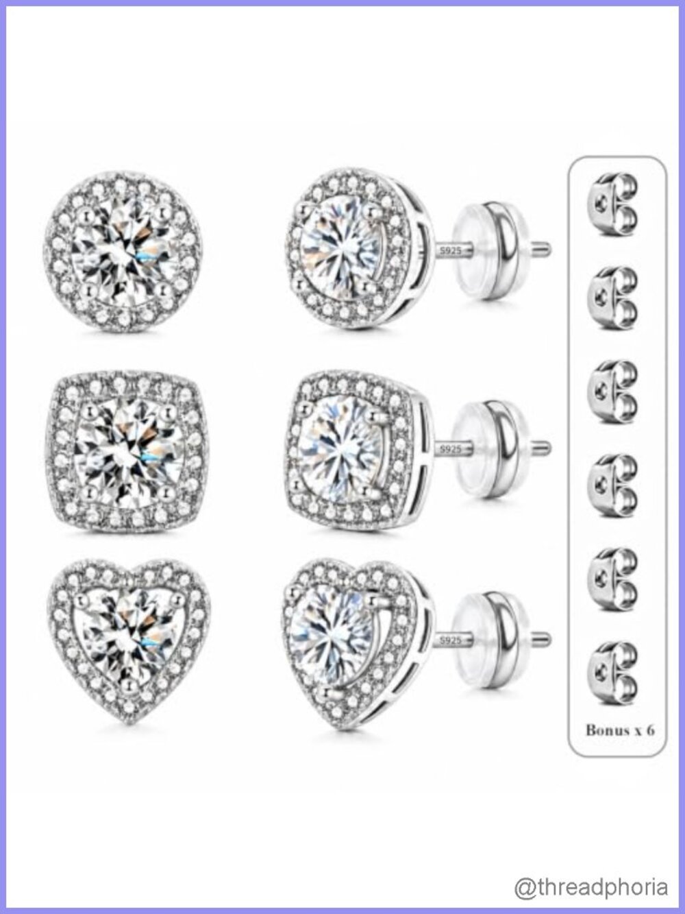 3 Pairs 925 Sterling Silver Post Stud Earrings CZ Butterfly Back Women Men